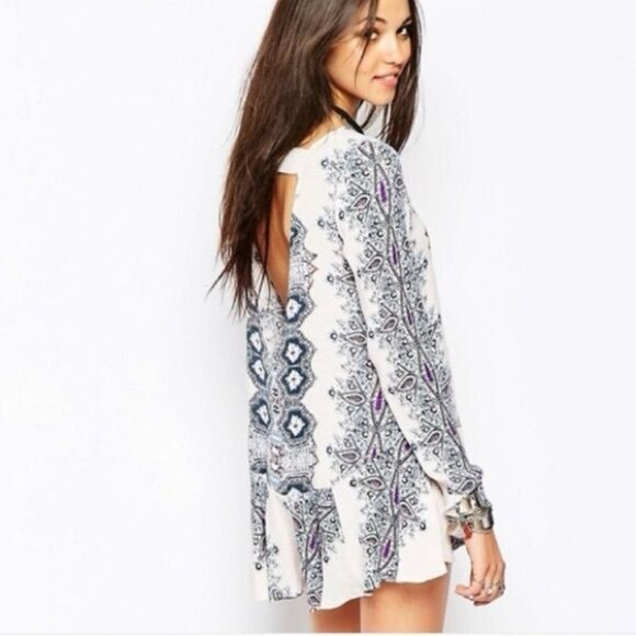 NWOT Free People Boho White & Blue Printed Tunic Mini Dress - Picture 3 of 15